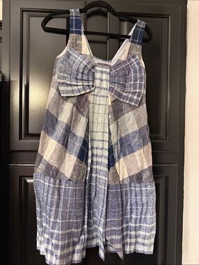 Jessica 100% Linen Blue Plaid Sequin Bow Dress Sleeveless Babydoll Tunic Size 4